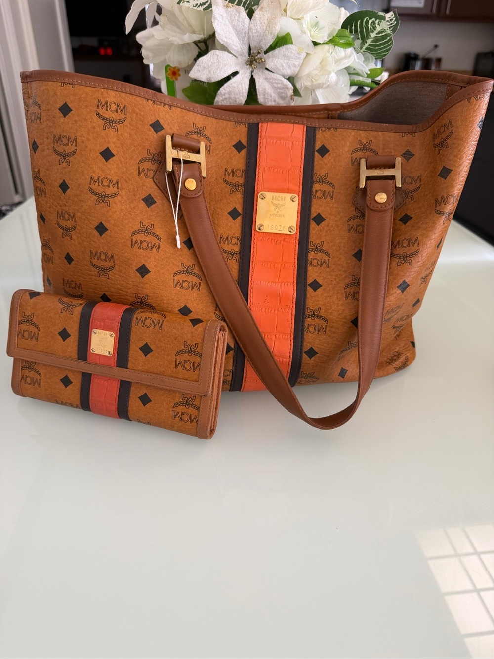 MCM Cognac and Orange Visetos Stripe Tote with Matching Wallet